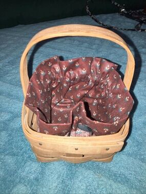 Longaberger Small Woven Basket with Maroon Floral Patterned Liner